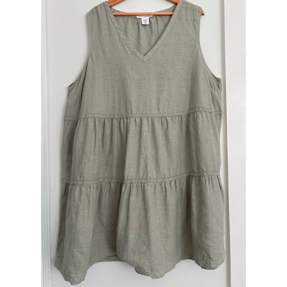 LUCKY BRAND Linen Tiered Sleeveless Mini Tunic Dress Sage Green Crochet Boho 2X - Picture 1 of 7